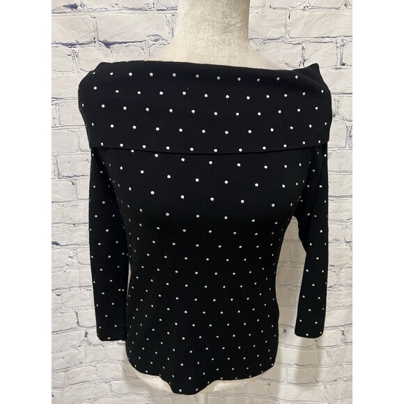 Cyrus Black White Polka Dot Womens Pullover Sweater Off Shoulder Size Medium - Picture 1 of 7